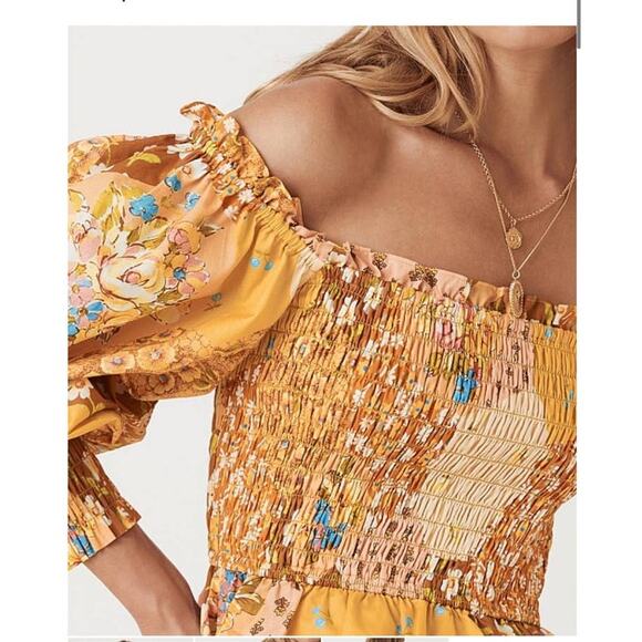 SPELL FREDA SHIRRED BLOUSE Amber 100% Organic Cotton Boho Floral Size Small NWT - Picture 2 of 15